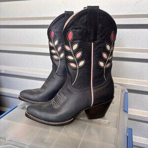 Macie Bean Women's Cowboy Boots 6.5M Navy Blue Leather With Floral Design